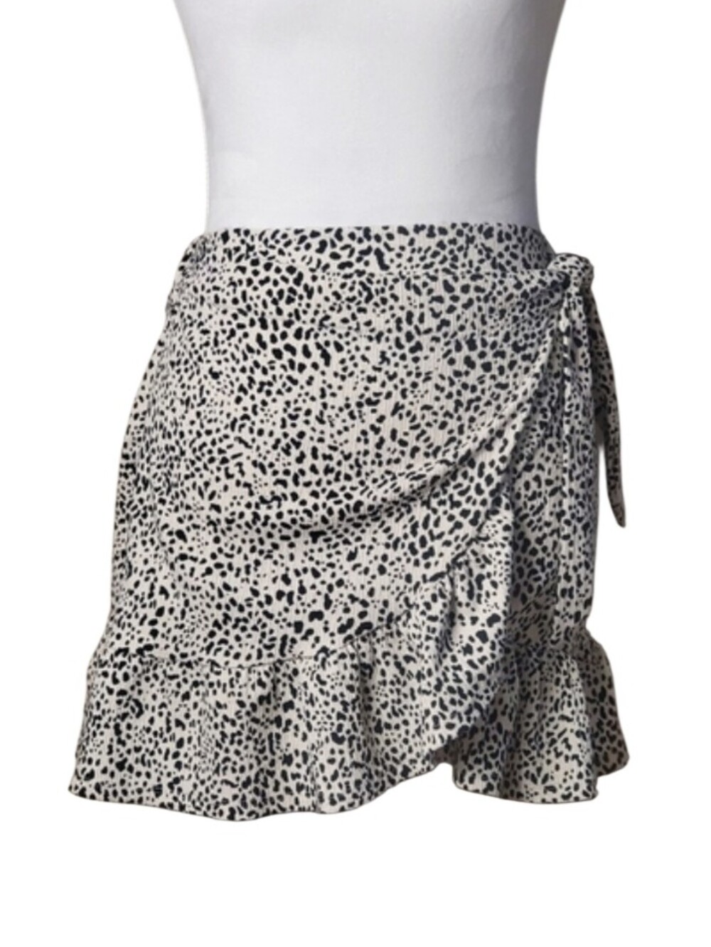 MNG Skirt Black Beige Animal Pattern Ruffled Hem Ties At The Waist